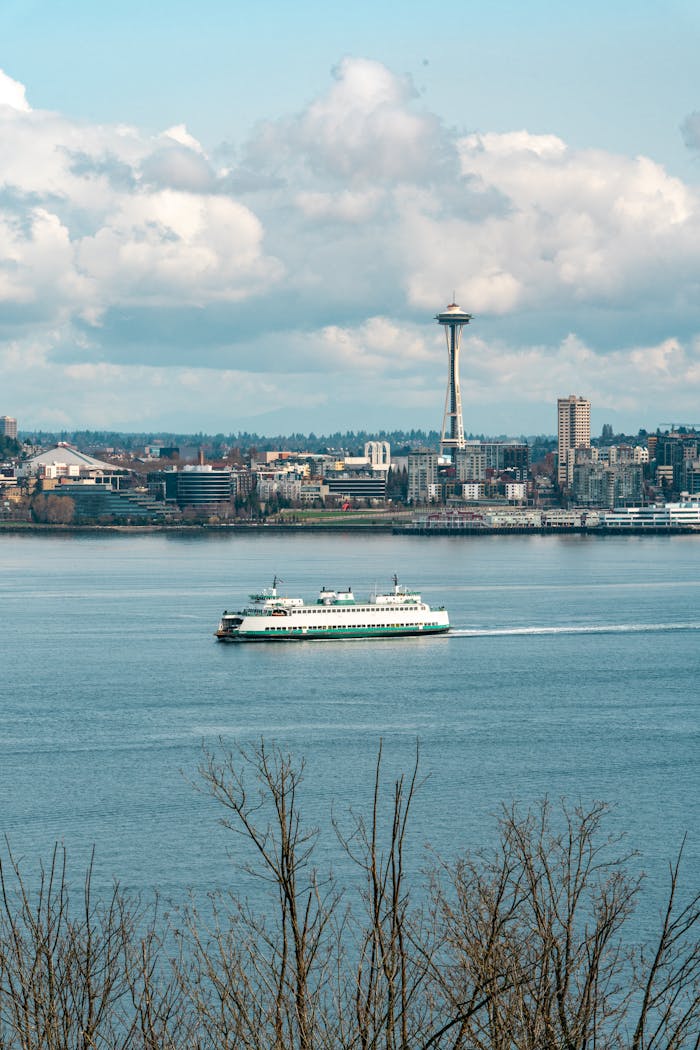 portfolio-01 Beautiful view of Seattle skyline featuring the iconic Space Needle and a ferry crossing the water.